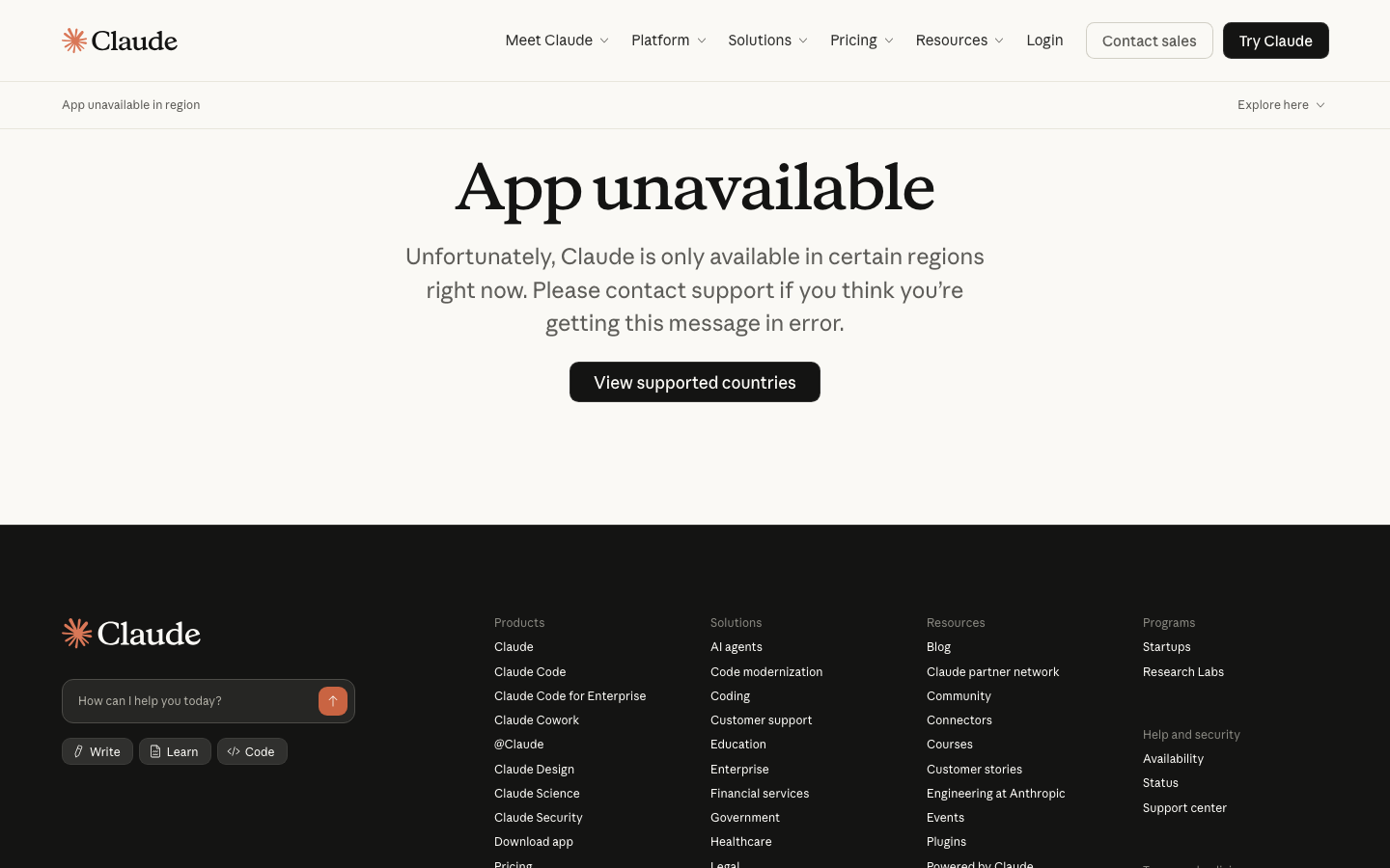 Claude 官网首页:访问时检测到非支持区域显示 App unavailable 提示,但底部产品矩阵完整——Claude / Claude Code / Claude Cowork / Claude Design / Claude Science / Claude Security 构成了完整产品线。